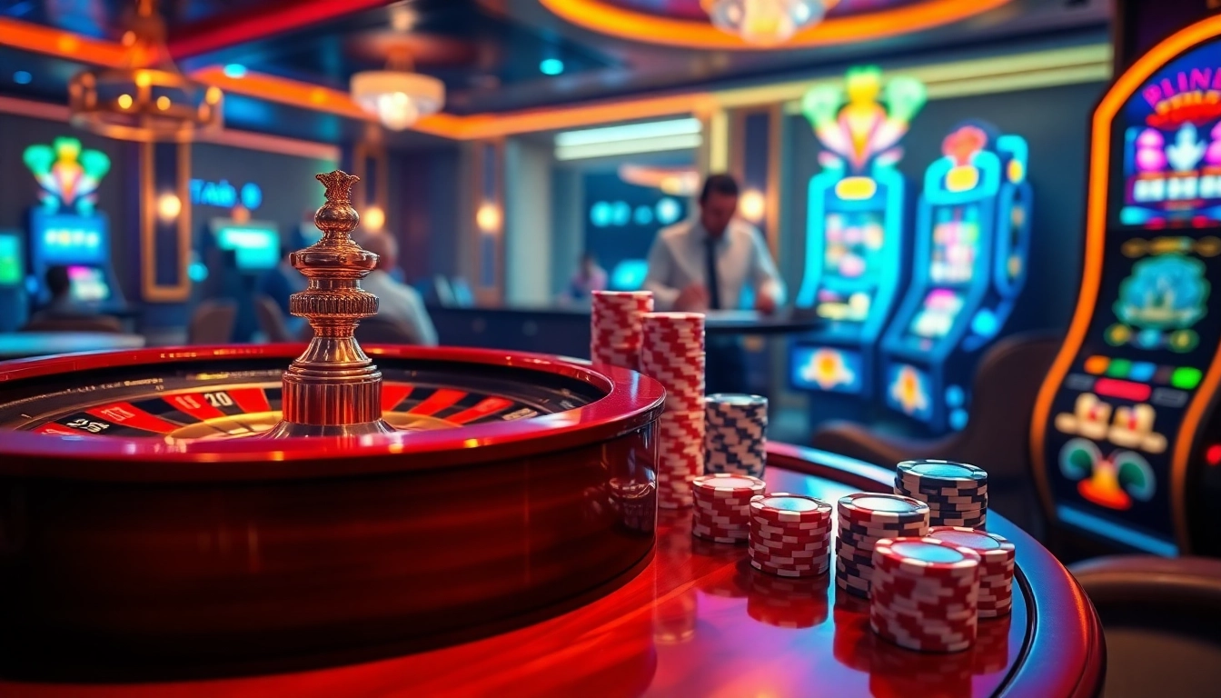 Experience thrilling gaming action at ta88.com with vivid casino tables and colorful slot machines.