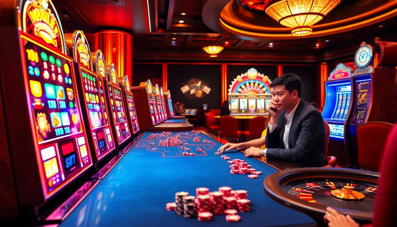 Nổ hũ đổi thưởng slot game in a luxurious casino with excited players trying their luck.