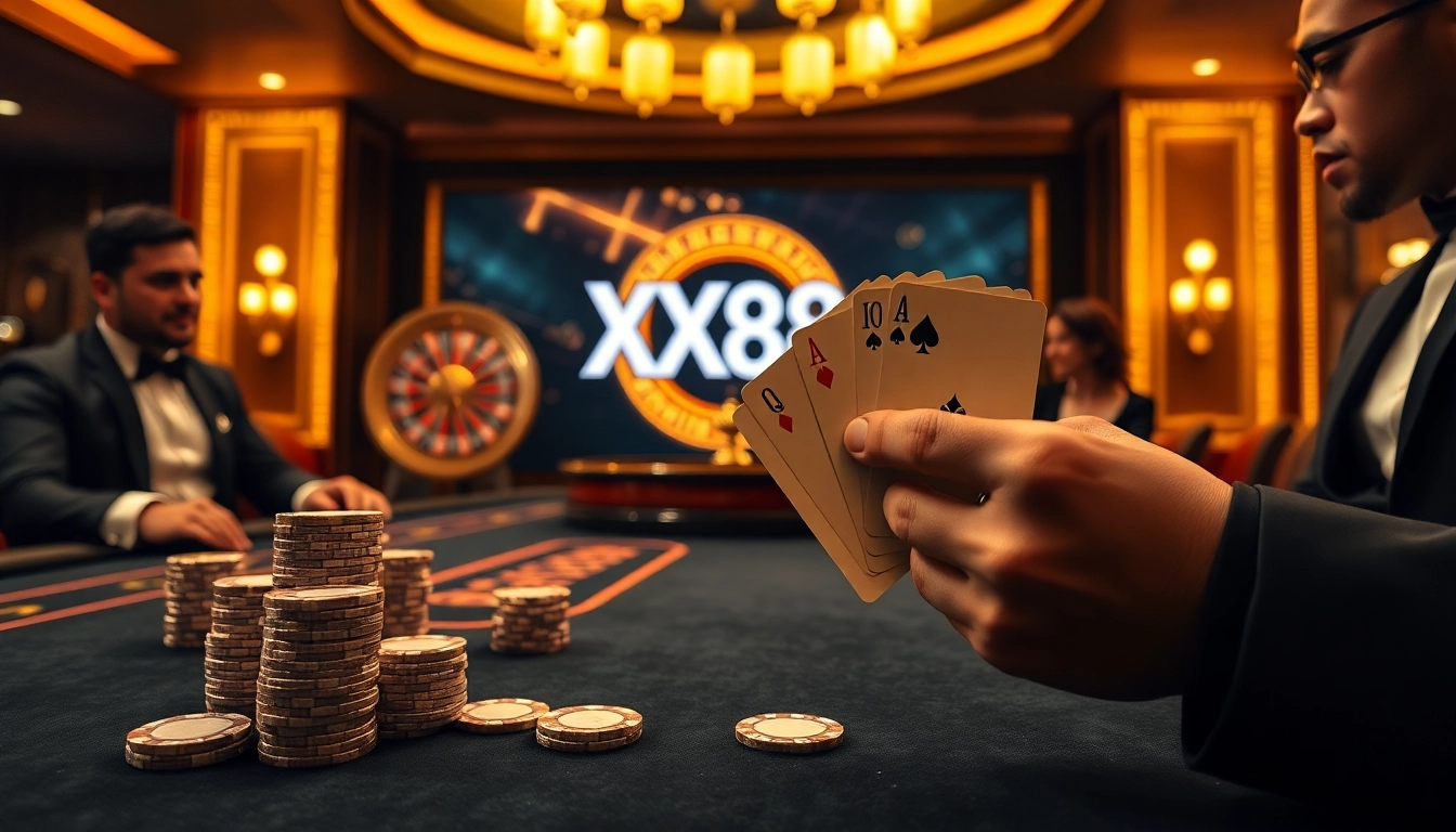 Gambling at XX88 with winning poker hands and a roulette wheel backdrop.