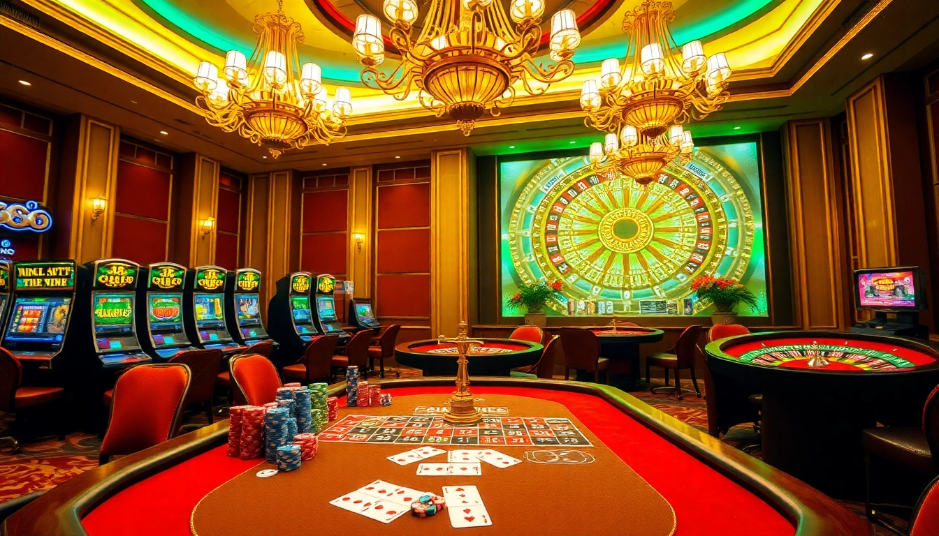 Enjoy exciting gameplay at BJ 888 with vibrant poker chips and lively slot machines.