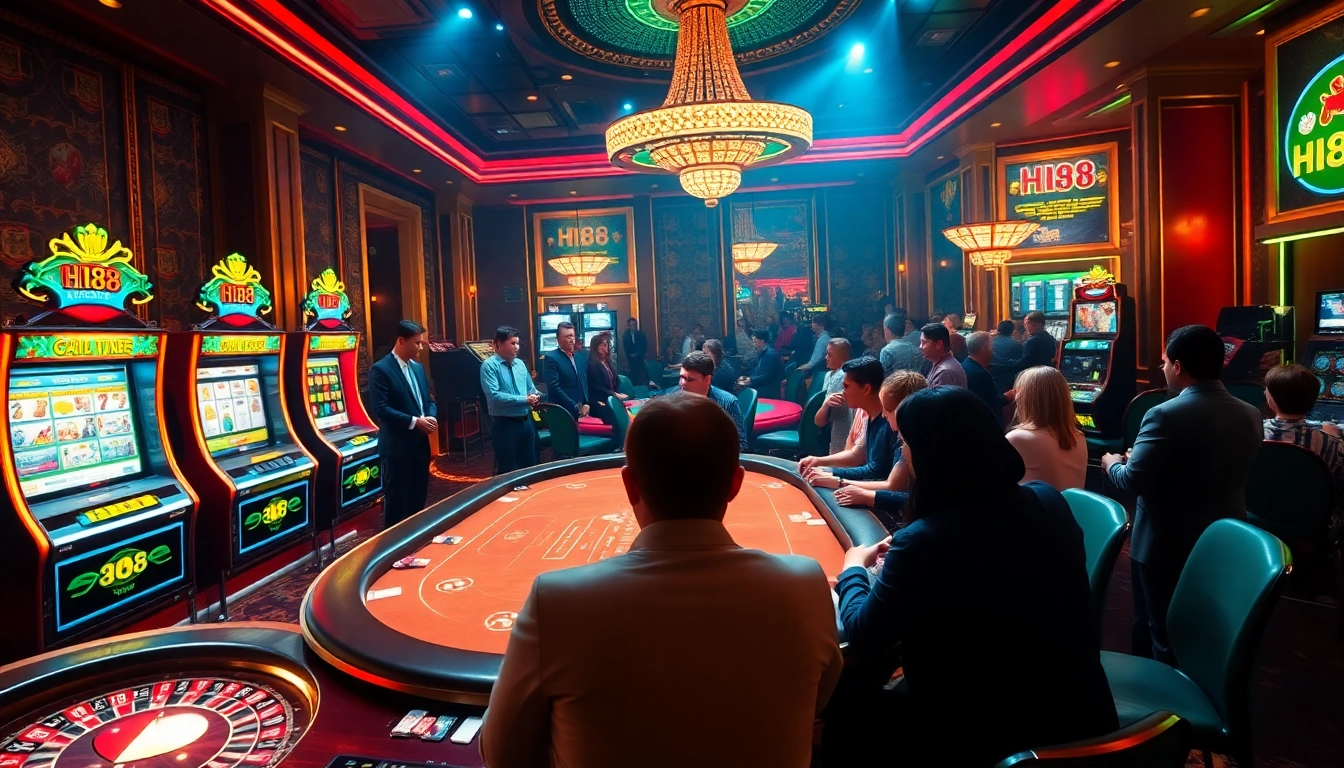 Players enjoying a high-stakes game at Hi88 casino with vibrant slot machines and poker tables.