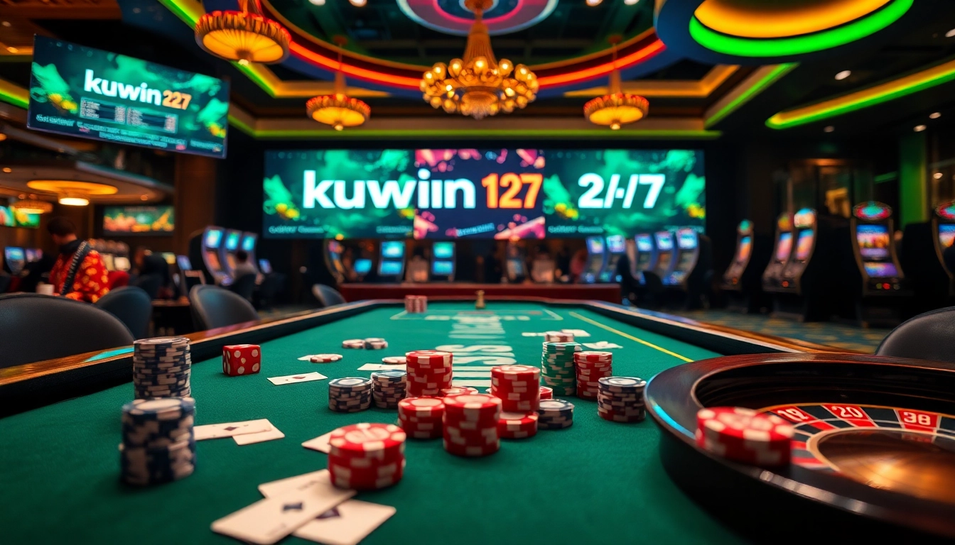 Kuwin 24/7 vibrant online casino scene featuring poker chips and engaging players.
