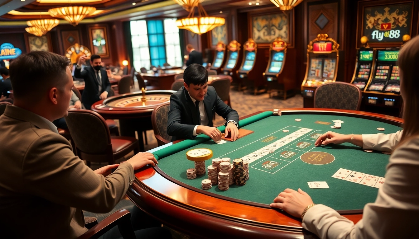 Experience high-stakes excitement at fly 88's luxurious casino table with engaged players.