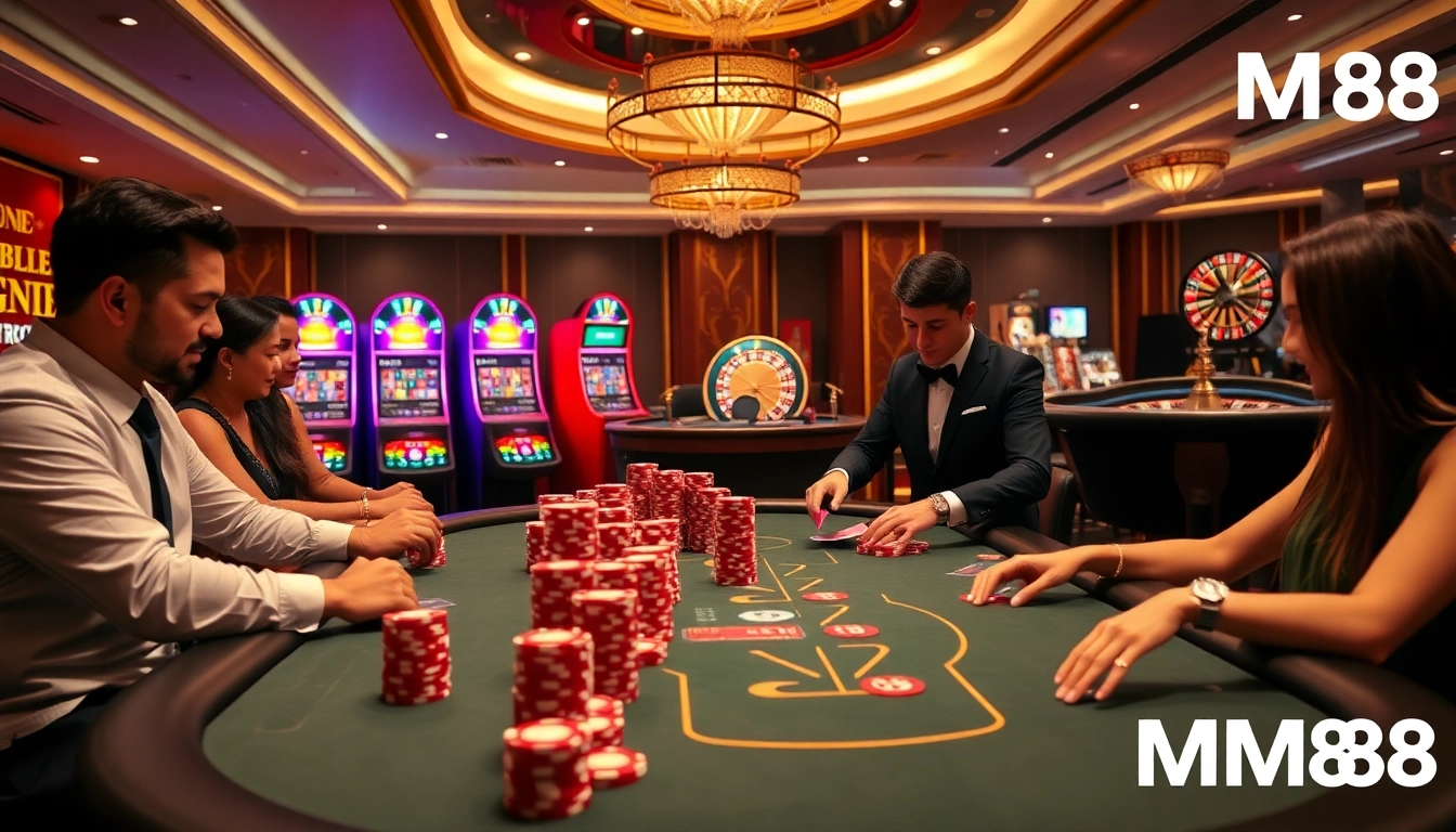 Experience the excitement of high-stakes poker at MM88 Casino with professional gameplay and vibrant chips.