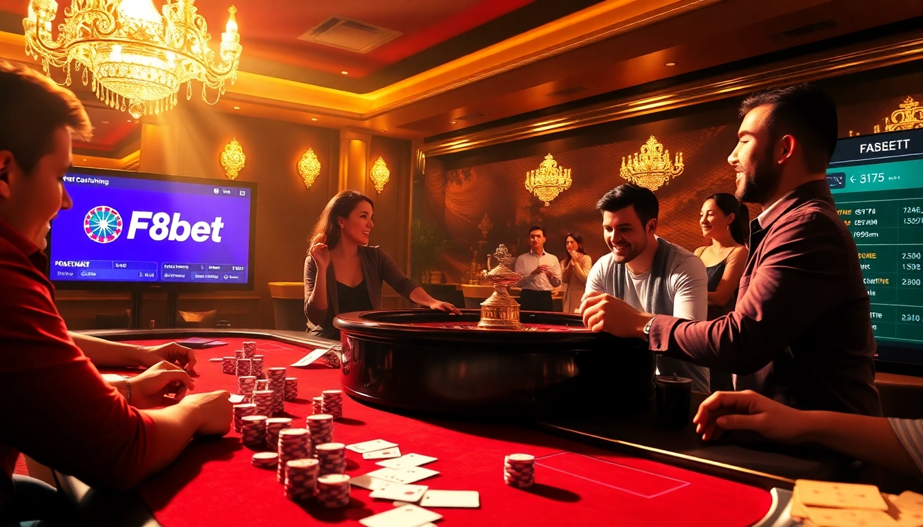 Players enjoy gaming at the F8bet casino table with vibrant chips and excitement.
