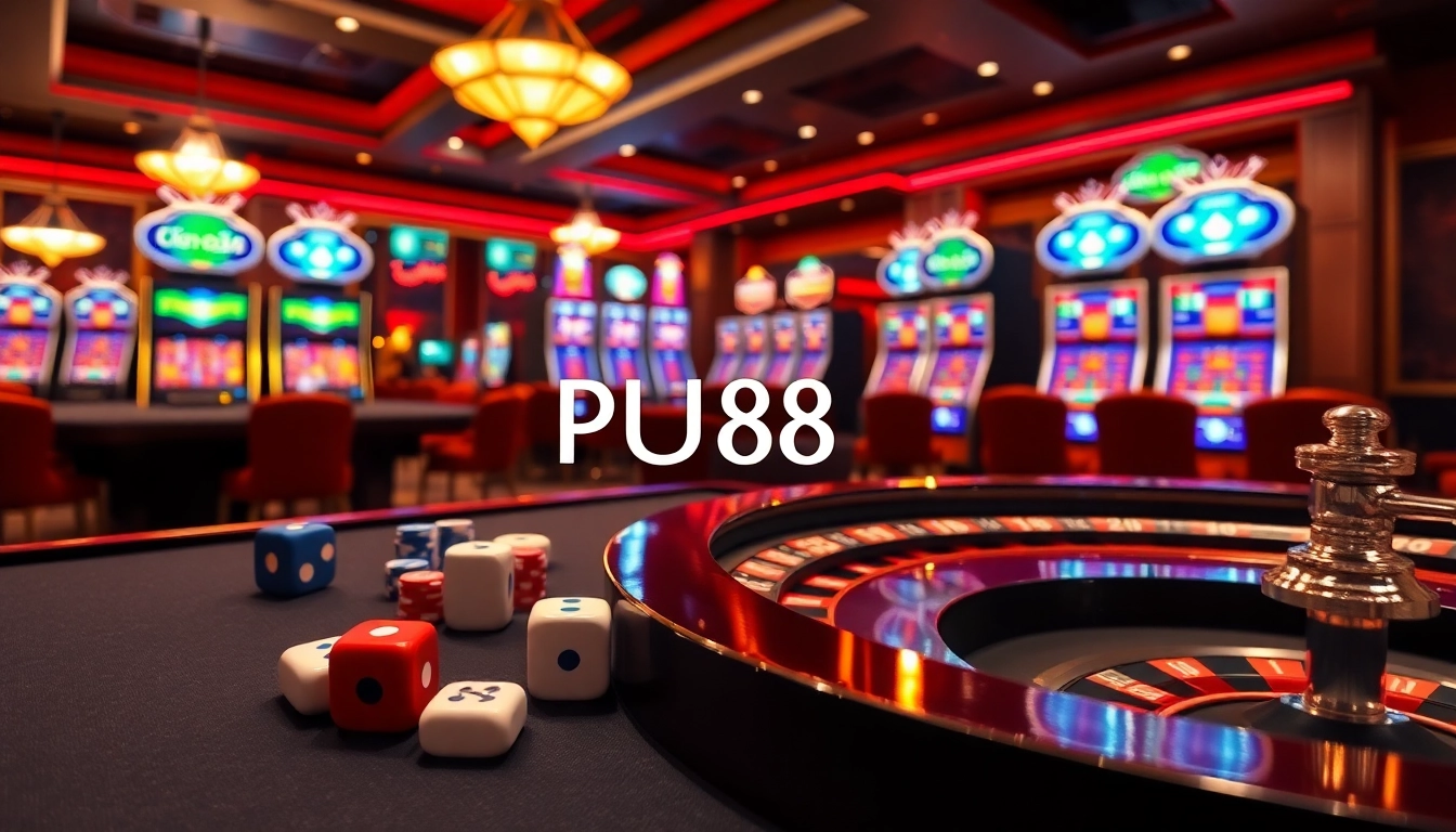 Experience the excitement of PU88 with dynamic online gambling visuals featuring casino tables and vibrant slot machines.