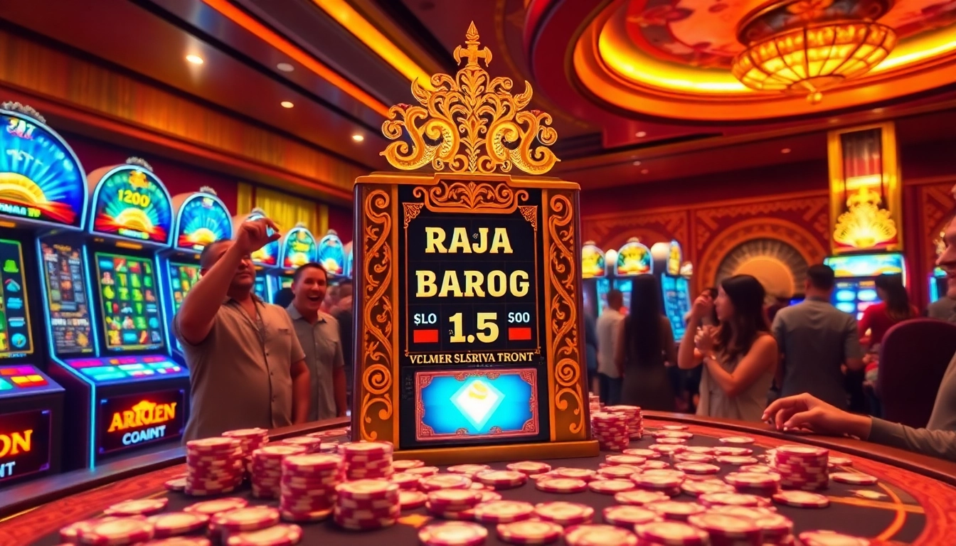 Players enjoying the raja barong themed slot machines in a vibrant casino atmosphere, celebrating wins.