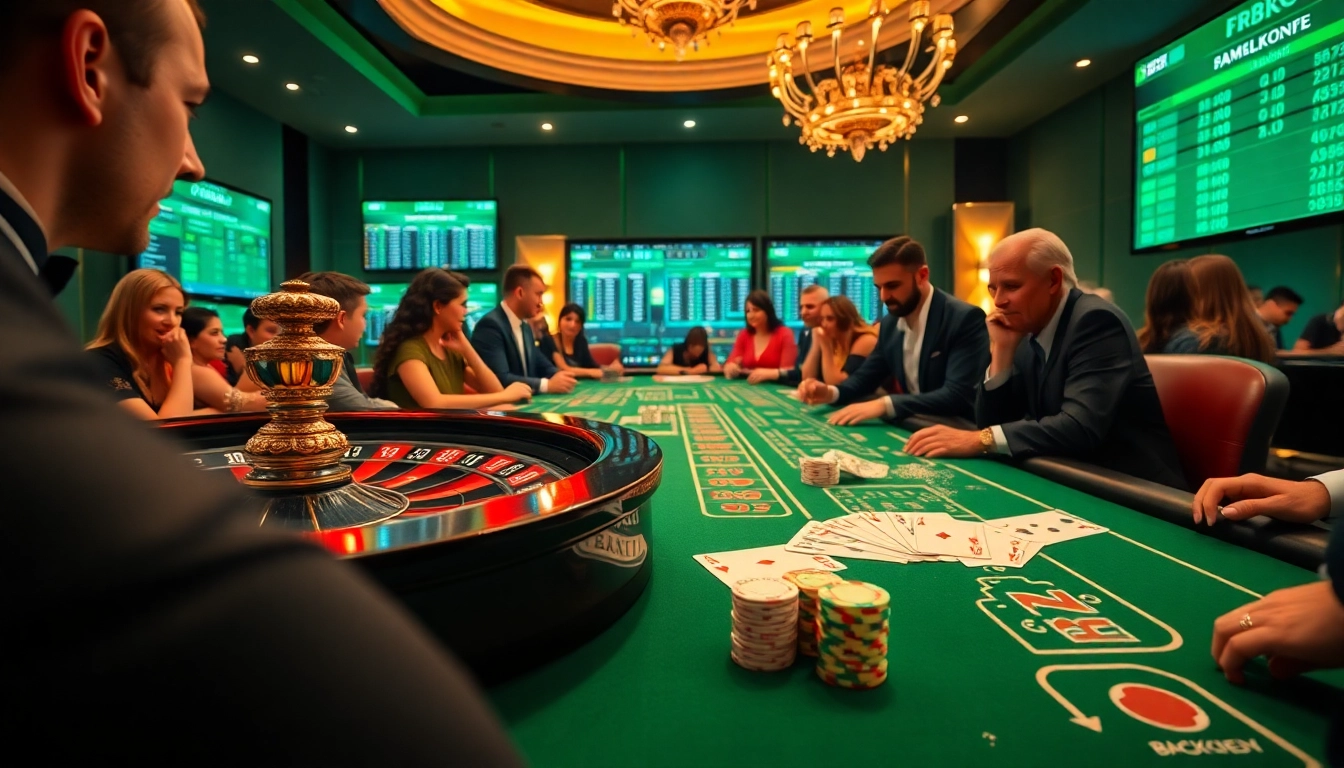 Players placing bets at F8Bet's exciting gaming table with poker chips and roulette wheel.