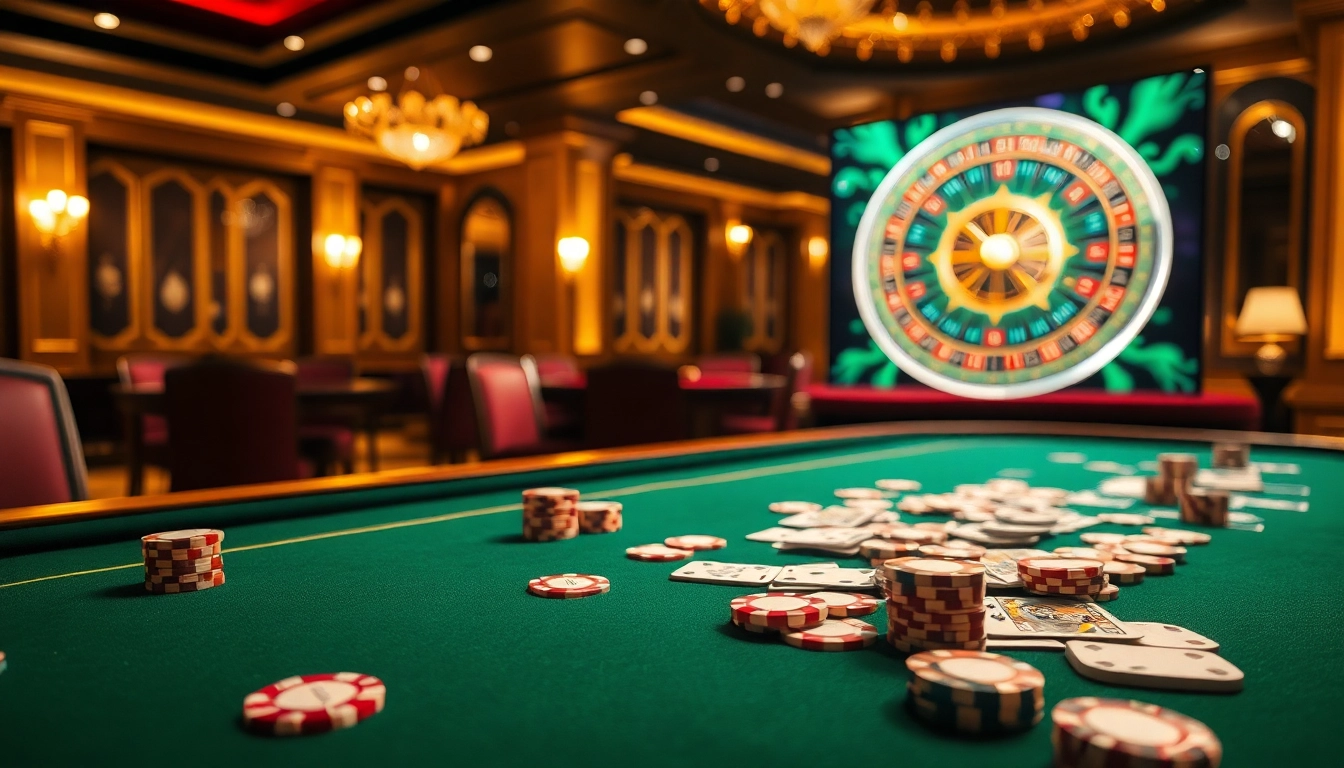 Experience the excitement of nhà cái u888 with a vibrant casino scene featuring poker tables and rich decor.