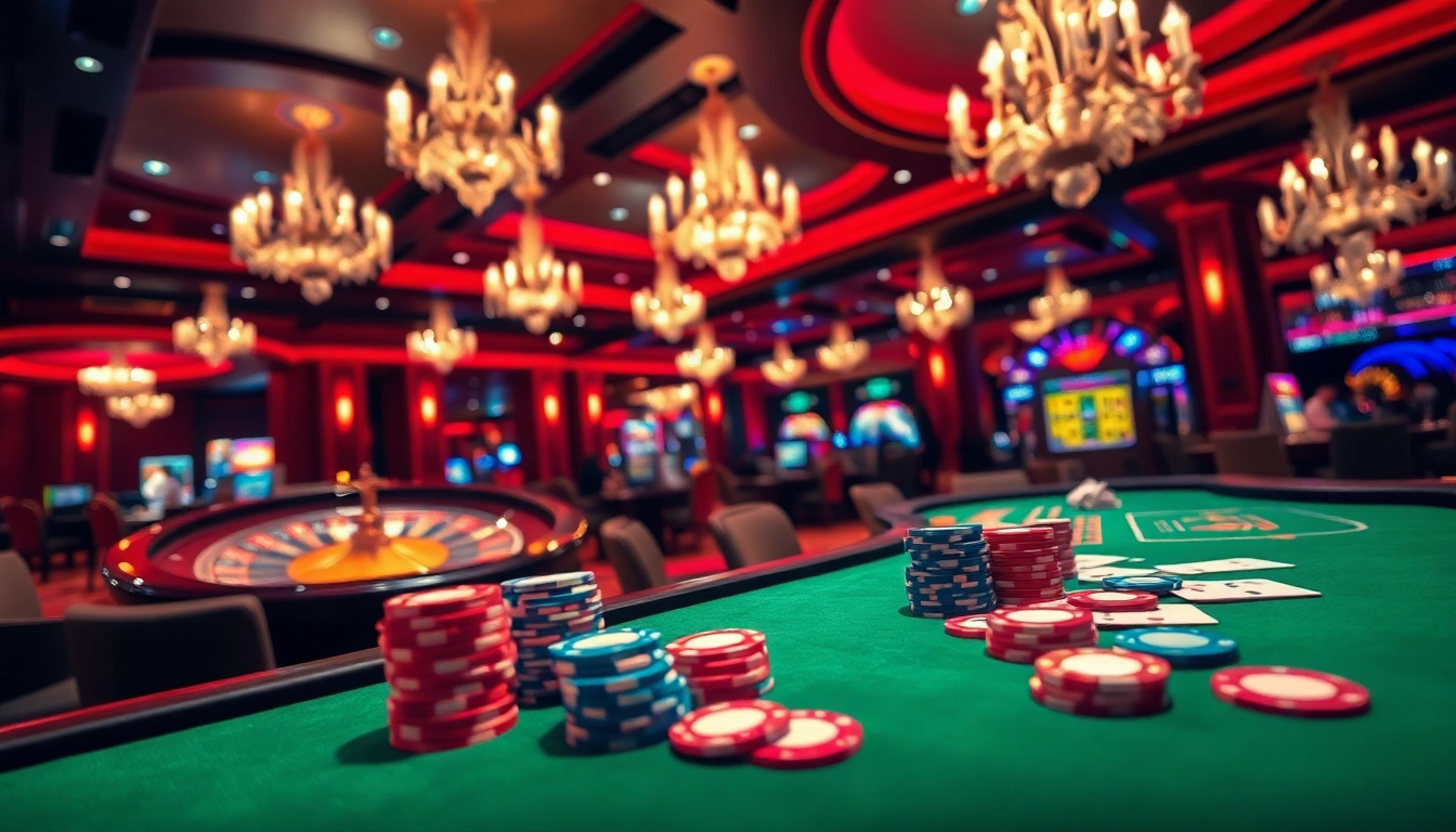 Players engaging at a vibrant casino table while enjoying the thrill of betting at https://789betai.online/ with colorful chips and cards.