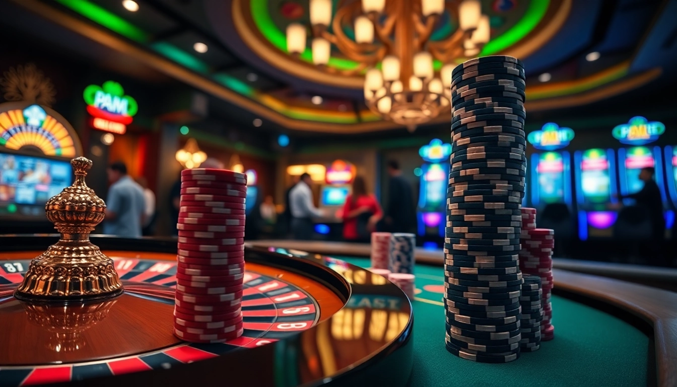 Exciting gaming action at Trang chủ F8bet showcasing poker tables and roulette wheels.