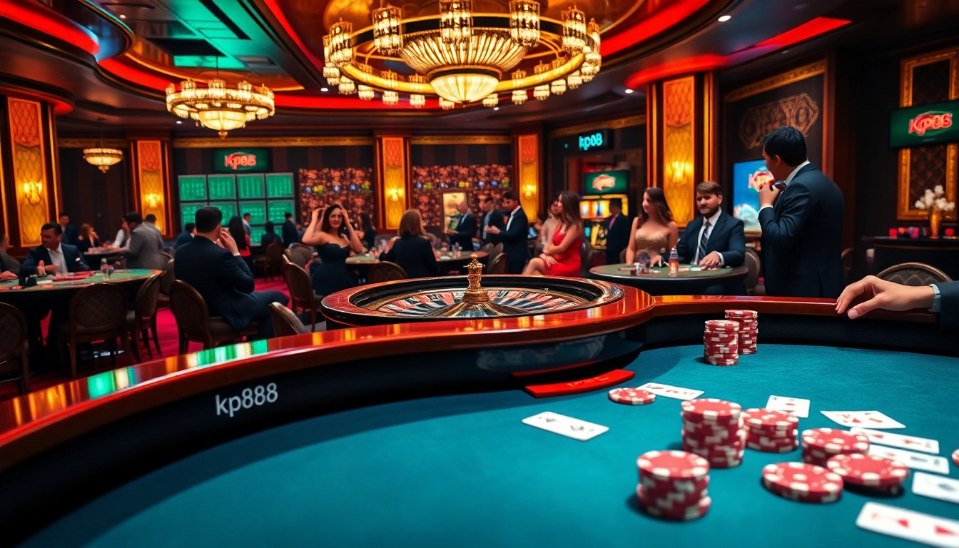 Experience thrilling poker action at a luxurious casino table featuring kp88 chips and cards.