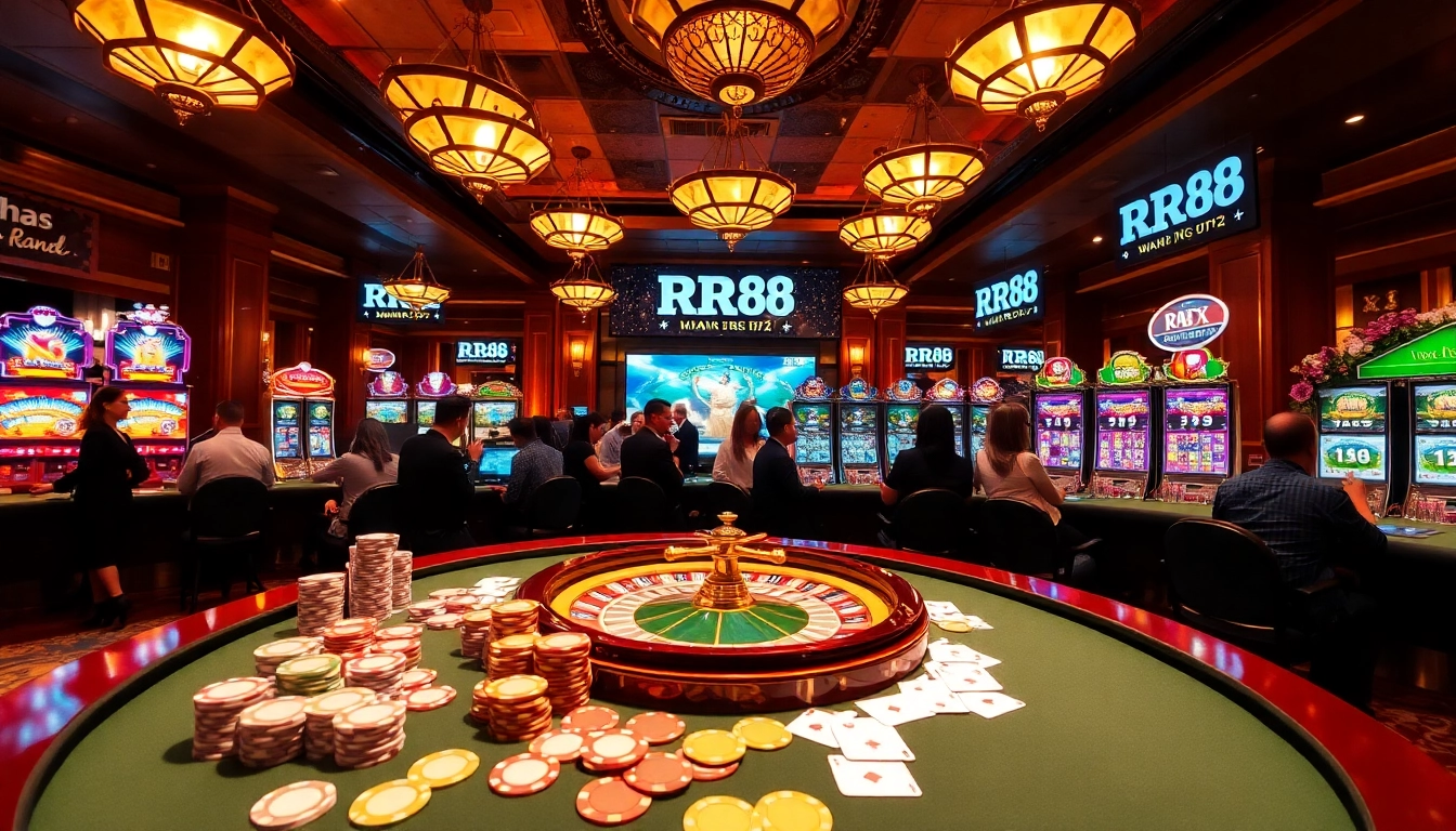 A vibrant casino scene showcasing the excitement of play at https://rr88.bar/ with poker chips, cards, and a roulette wheel.