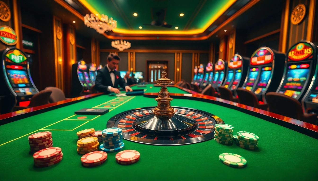 Experience the thrill of gambling at 6RWIN with a vibrant roulette table and colorful poker chips.