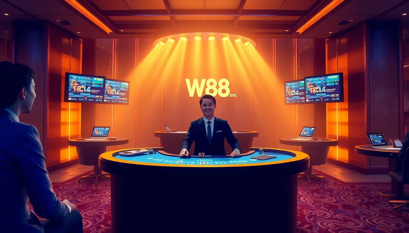 W88.nyc showcases a vibrant online casino scene with players enjoying Blackjack in a luxurious setting.