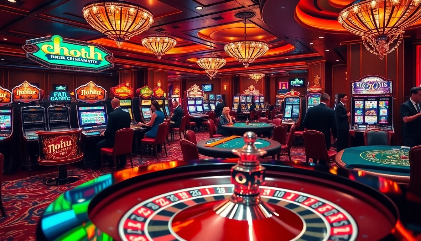 Experience a vibrant nohu casino scene with players at poker tables and eye-catching slot machines.