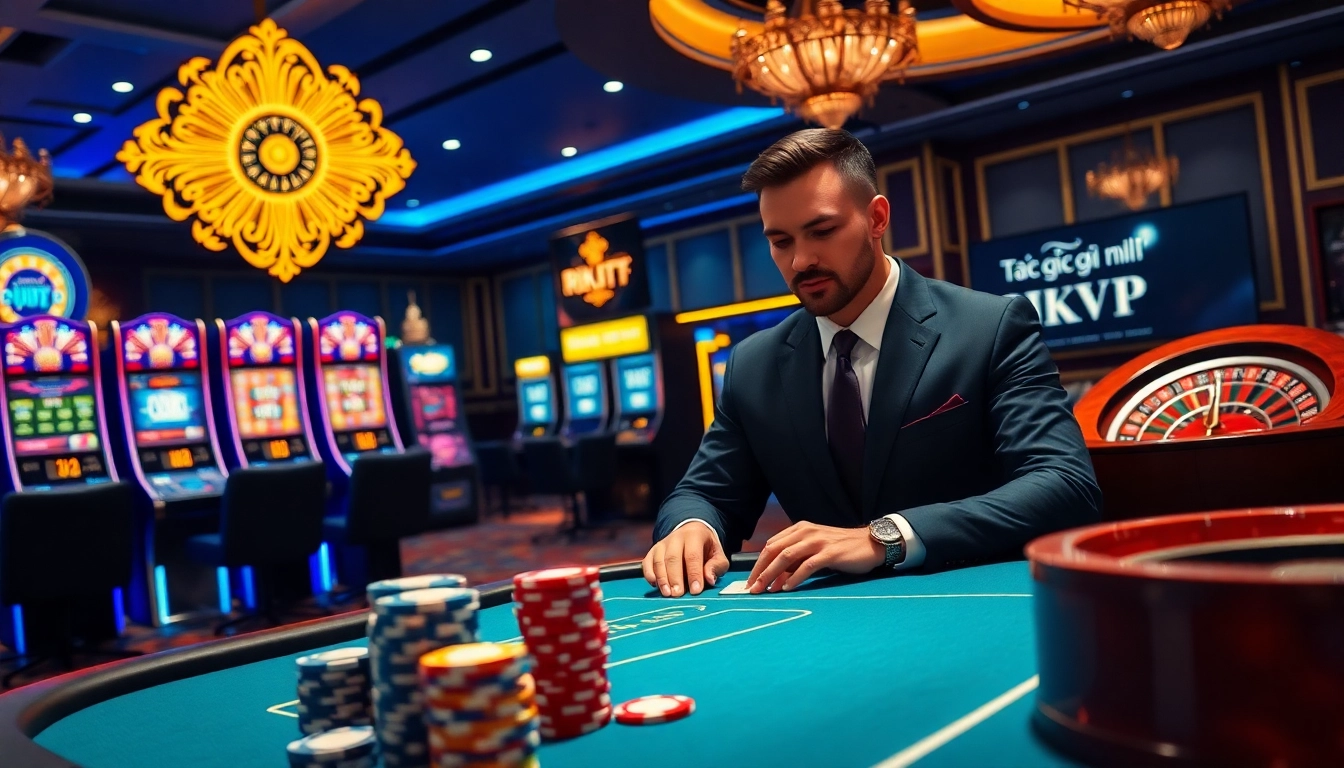 Tác giả RIKVIP leading an exciting poker game in a luxurious casino environment.
