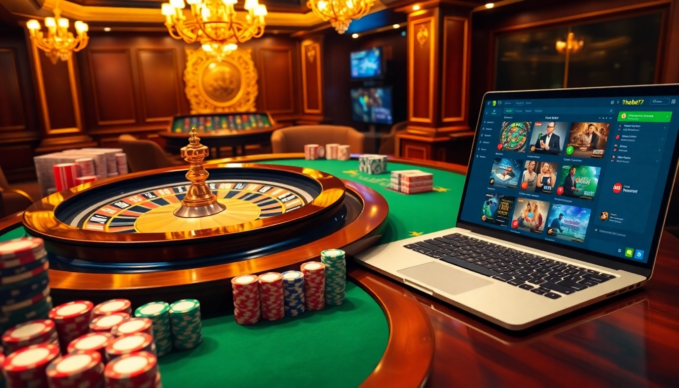 Experience the thrill of gambling with thabet77 in a luxurious casino setting featuring poker chips and roulette.