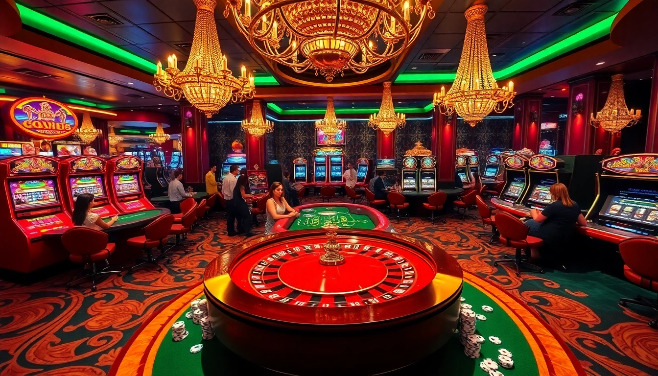 Experience the thrill of gaming with vibrant casino elements, featuring tables and slots highlighted by f789-themed decor.