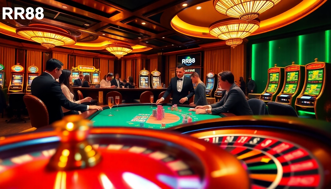 Experience the excitement of RR88 at a luxurious casino table with vibrant poker action.