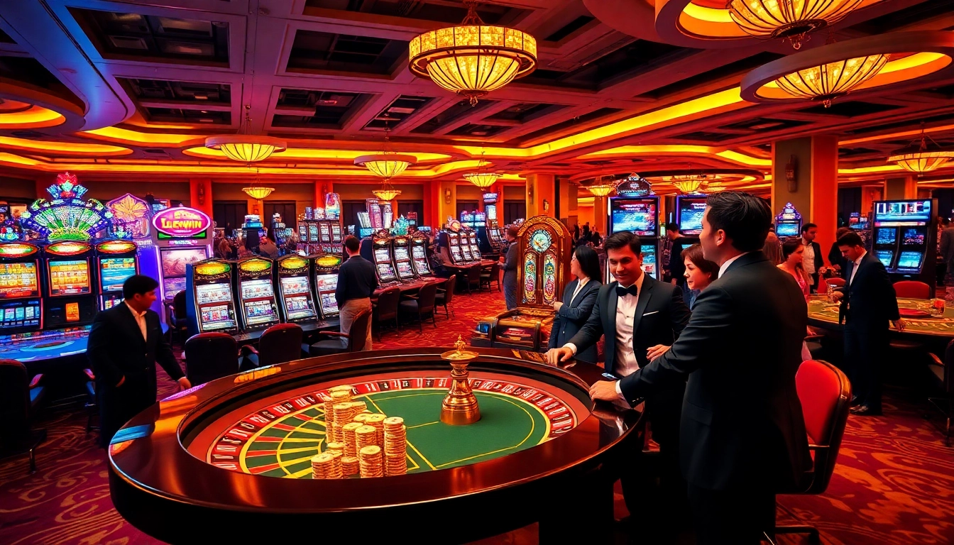 Players betting big at Luckywin casino, celebrating wins with vibrant slot machines and roulette.