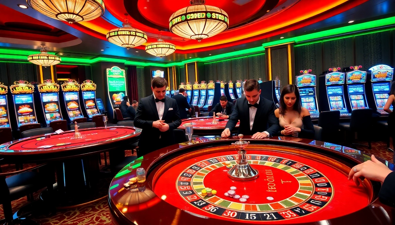 Exciting casino scene showcasing gamers at tables inspired by https://xo88hi.com/ with roulette and vibrant slot machines.