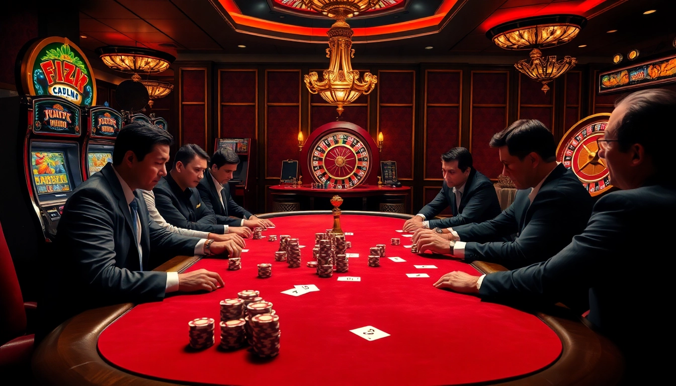 Experience an exciting poker game at FLY88 casino with intense players and colorful chips.