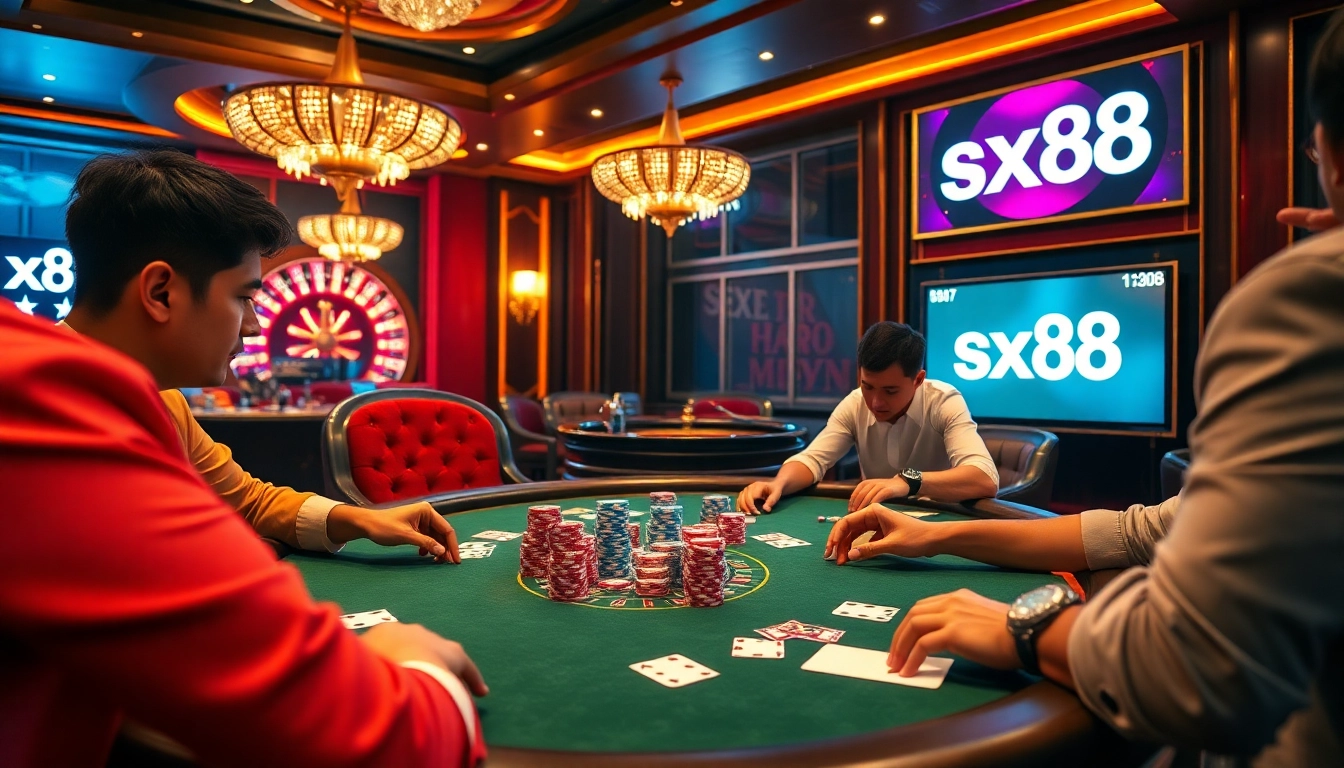 Engage in high-stakes poker at the SX88 casino table surrounded by vibrant chips and cards.