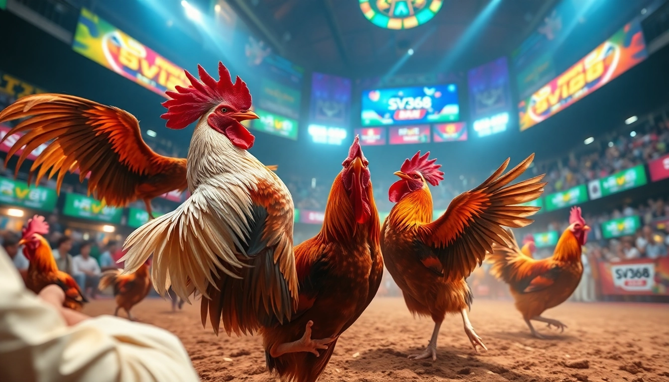 Exciting online cockfighting event at sv368win.live showcasing vibrant roosters and digital spectators.