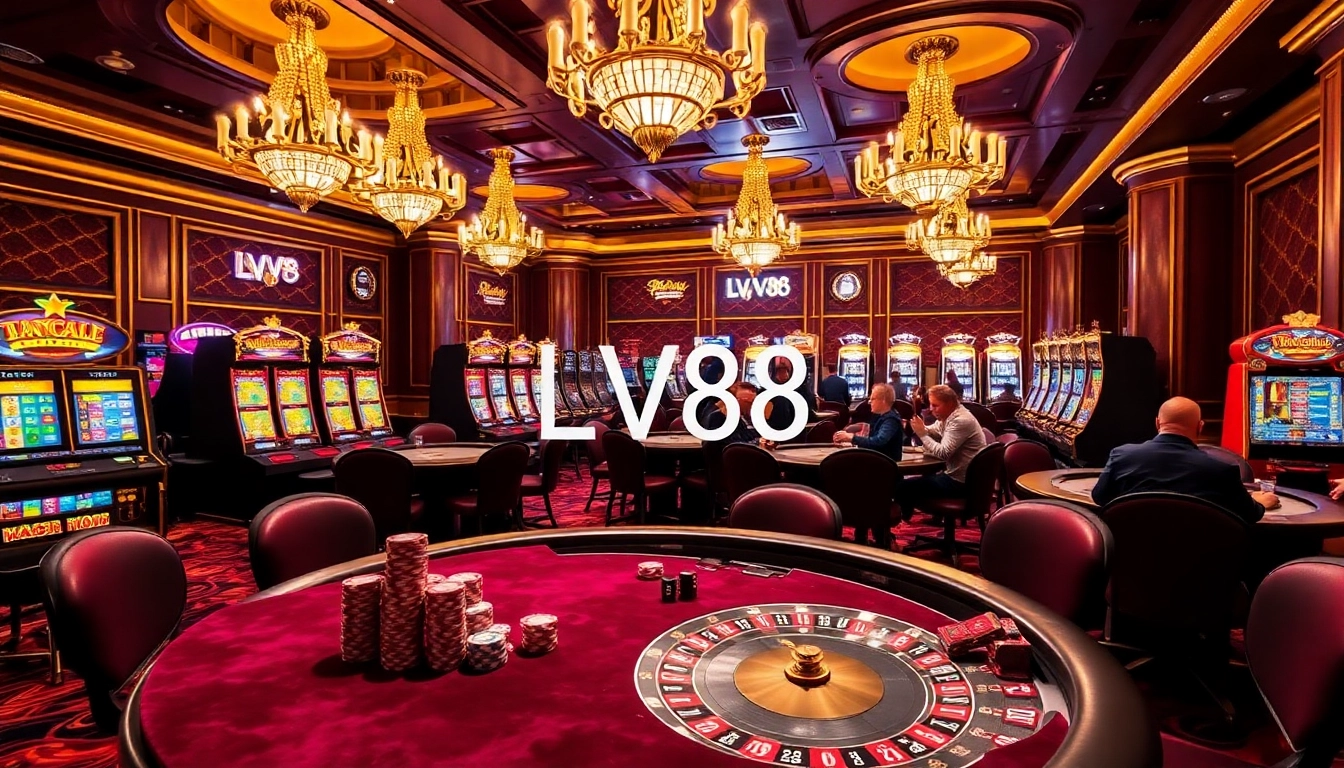 Gambling scene at LV88 featuring vibrant casino tables, players engaging, and dynamic lighting.