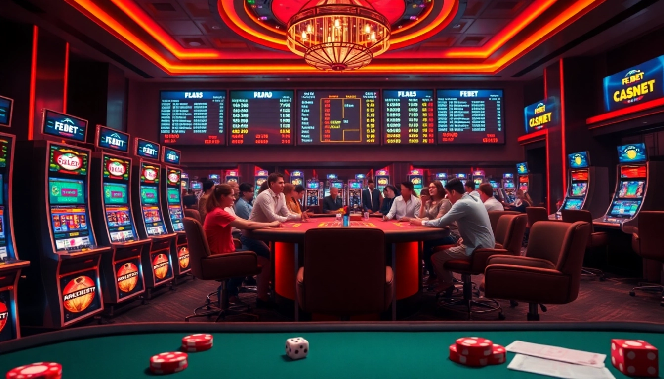 FE BET shines in a vibrant casino scene with poker tables, slot machines, and ecstatic gamblers.