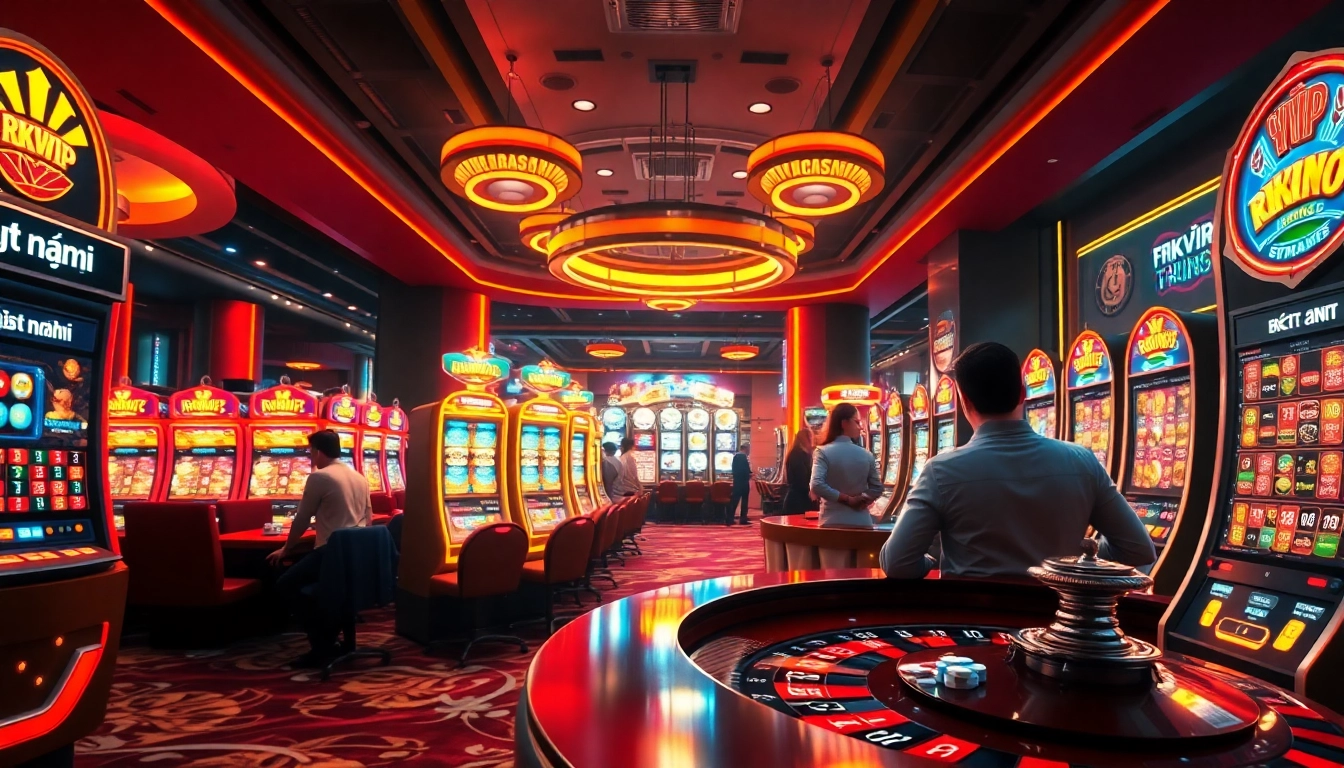 Explore an engaging casino scene with players enjoying rikvip nhà cái slot machines and roulette.