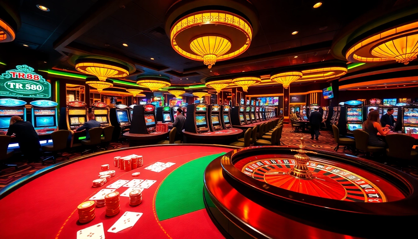 Experience the thrilling atmosphere of TR88 as players engage in poker at a vibrant casino table.