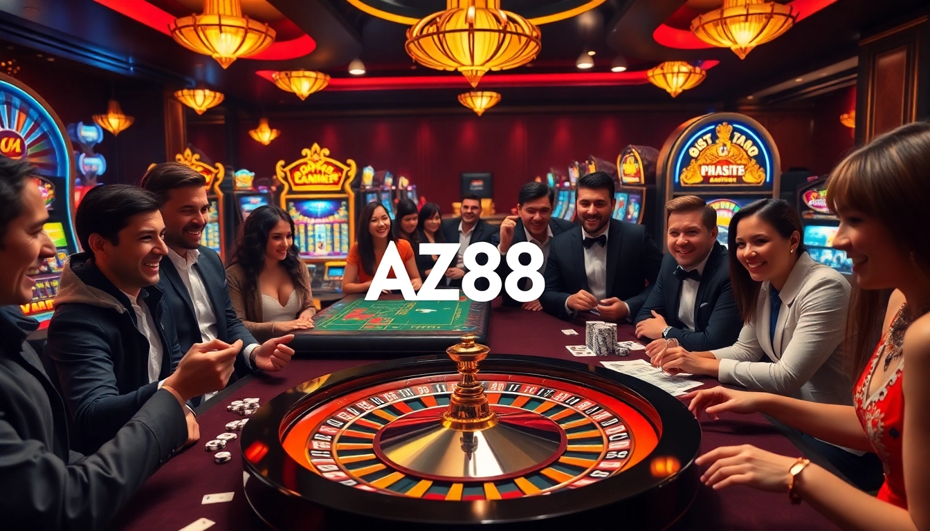 Players enjoying a thrilling game at AZ88 casino with vibrant slot machines and a roulette wheel.
