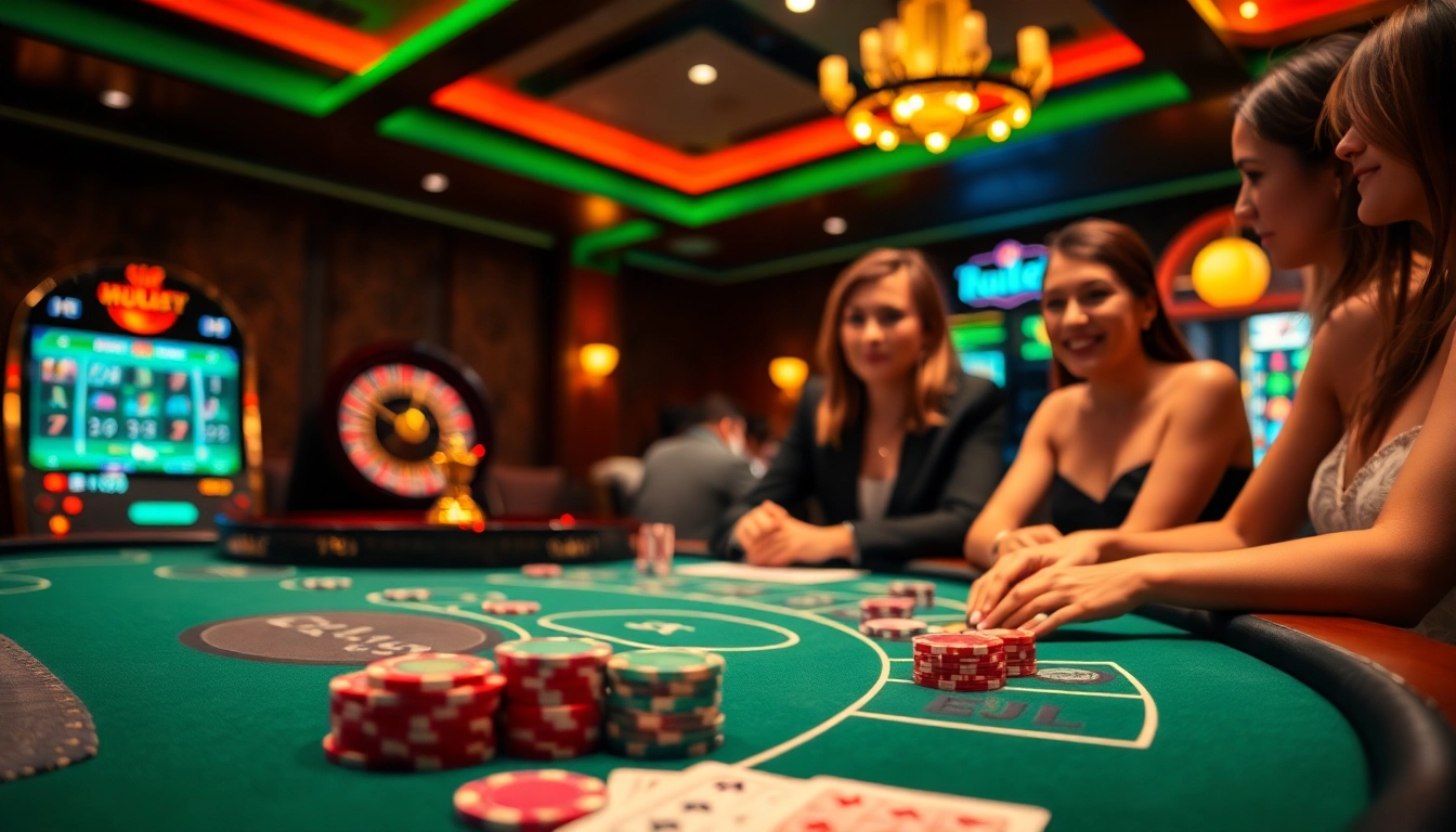 EEJL players excitedly engaging at a vibrant poker table in a luxurious casino setting.