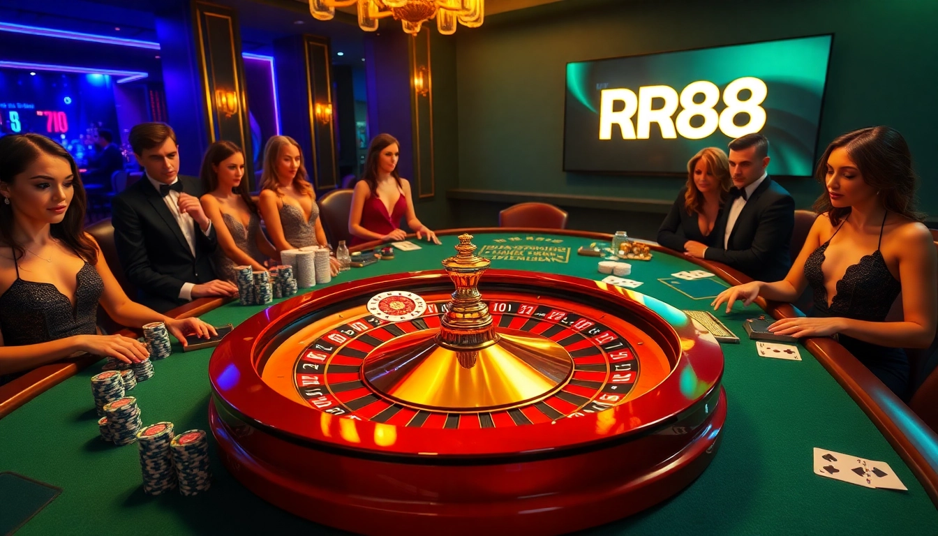 Players enjoying a thrilling game at RR88 casino with roulette and poker chips.