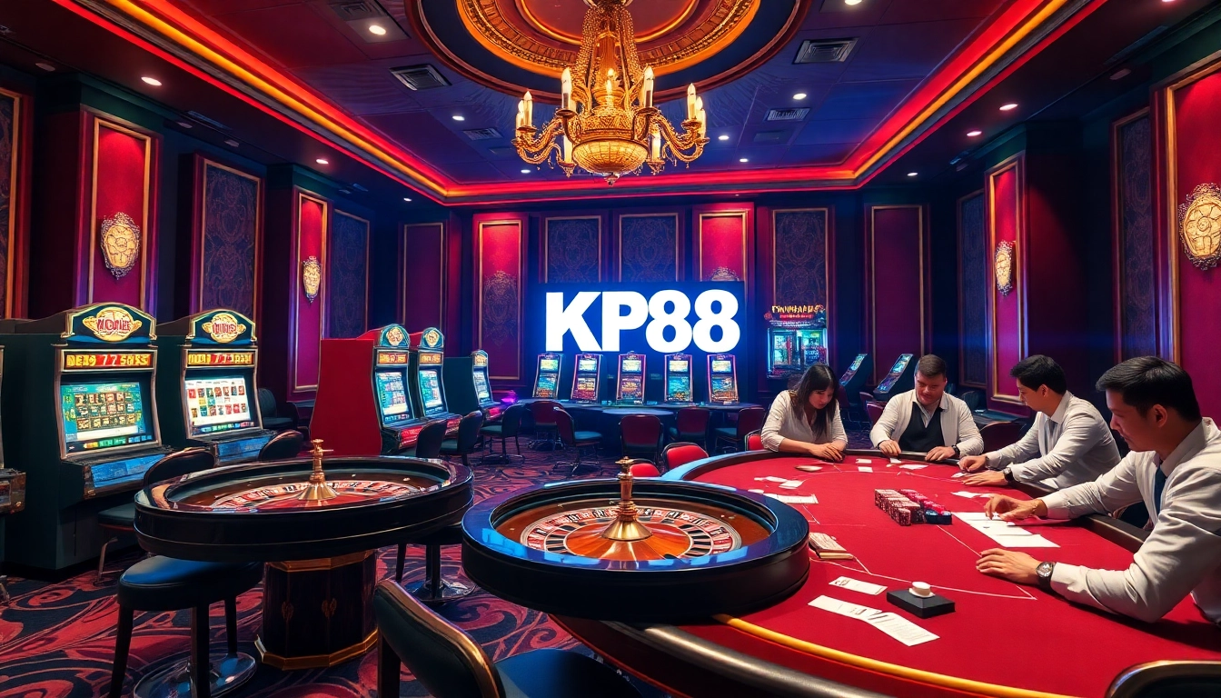 Exciting KP88 casino environment with vibrant slot machines and a lively roulette table.
