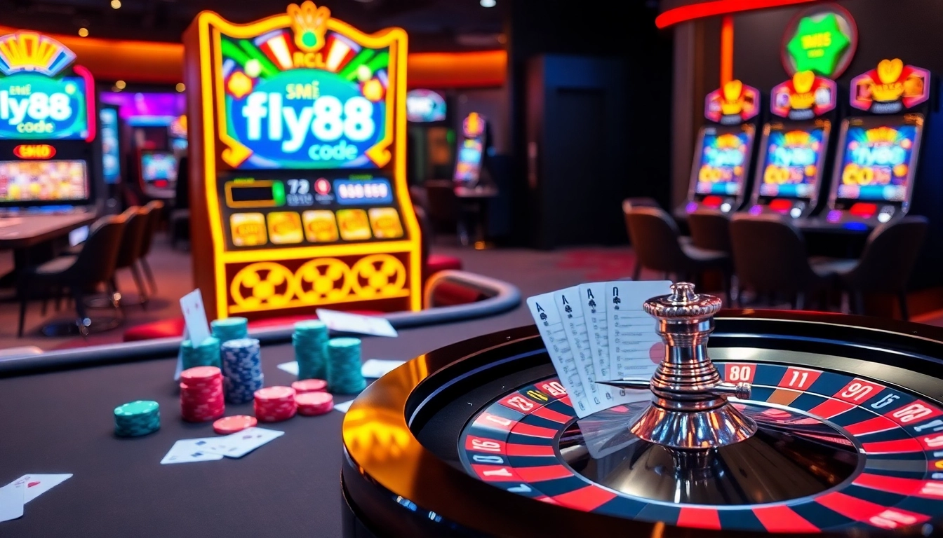 Players engaging with the fly88 code at an elegant casino table filled with cards, chips, and a roulette wheel.