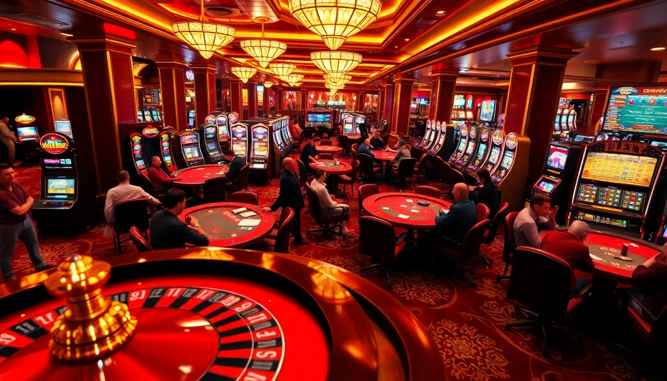 Gambling enthusiasts actively register to play at an elite casino with vibrant gaming tables.
