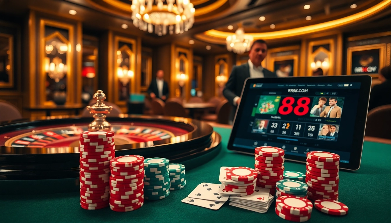 Experience excitement at rr88.com with a vibrant casino scene featuring roulette and poker gameplay.