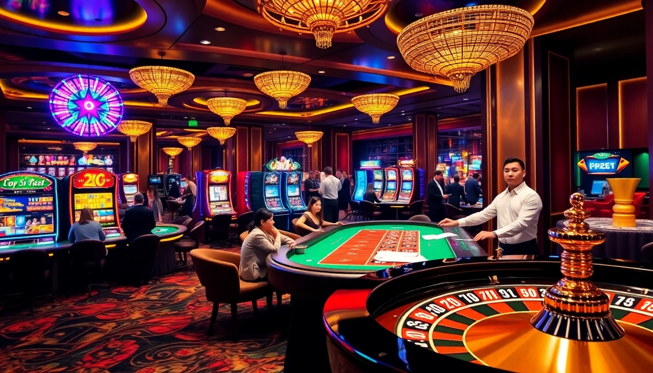 Exciting e2bet casino scene with players engaging at poker and roulette tables.