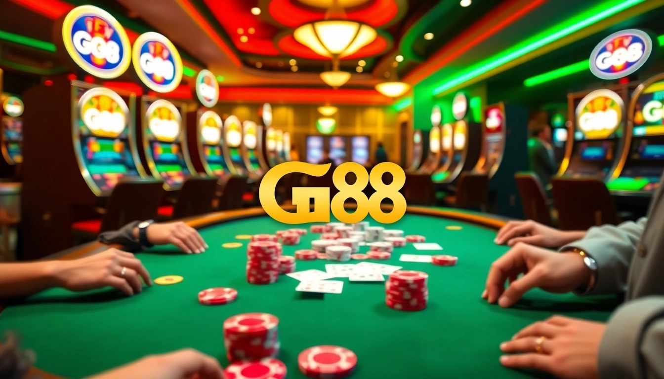 Players enjoying a thrilling game at GG 88 Casino, surrounded by vibrant slot machines and colorful chips.
