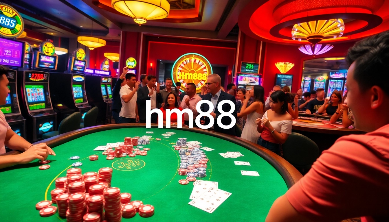 Gamblers enjoying a lively gaming experience at a luxurious casino table featuring hm88 poker chips and cards.