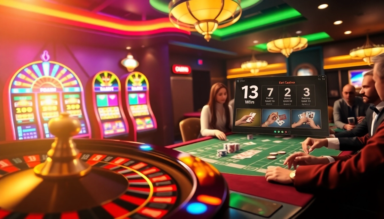 The 13Win game showcases an exciting casino scene featuring roulette, slot machines, and engaged players.