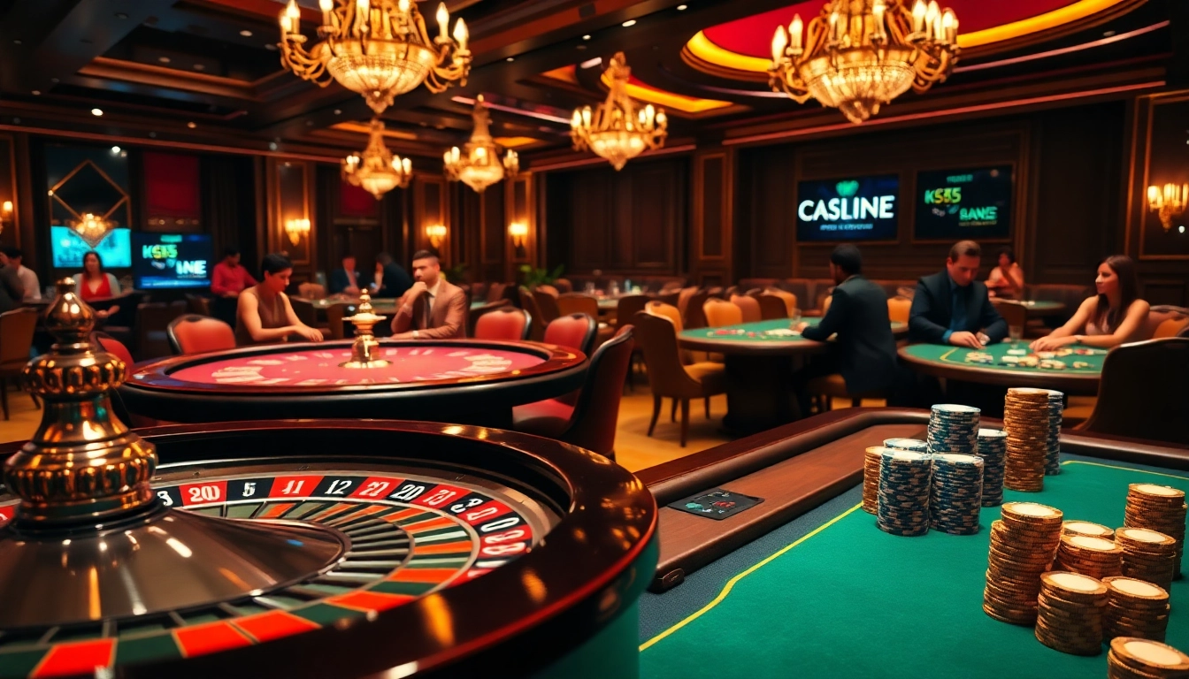 Engaging high-stakes play at KK55 casino tables with luxurious decor.