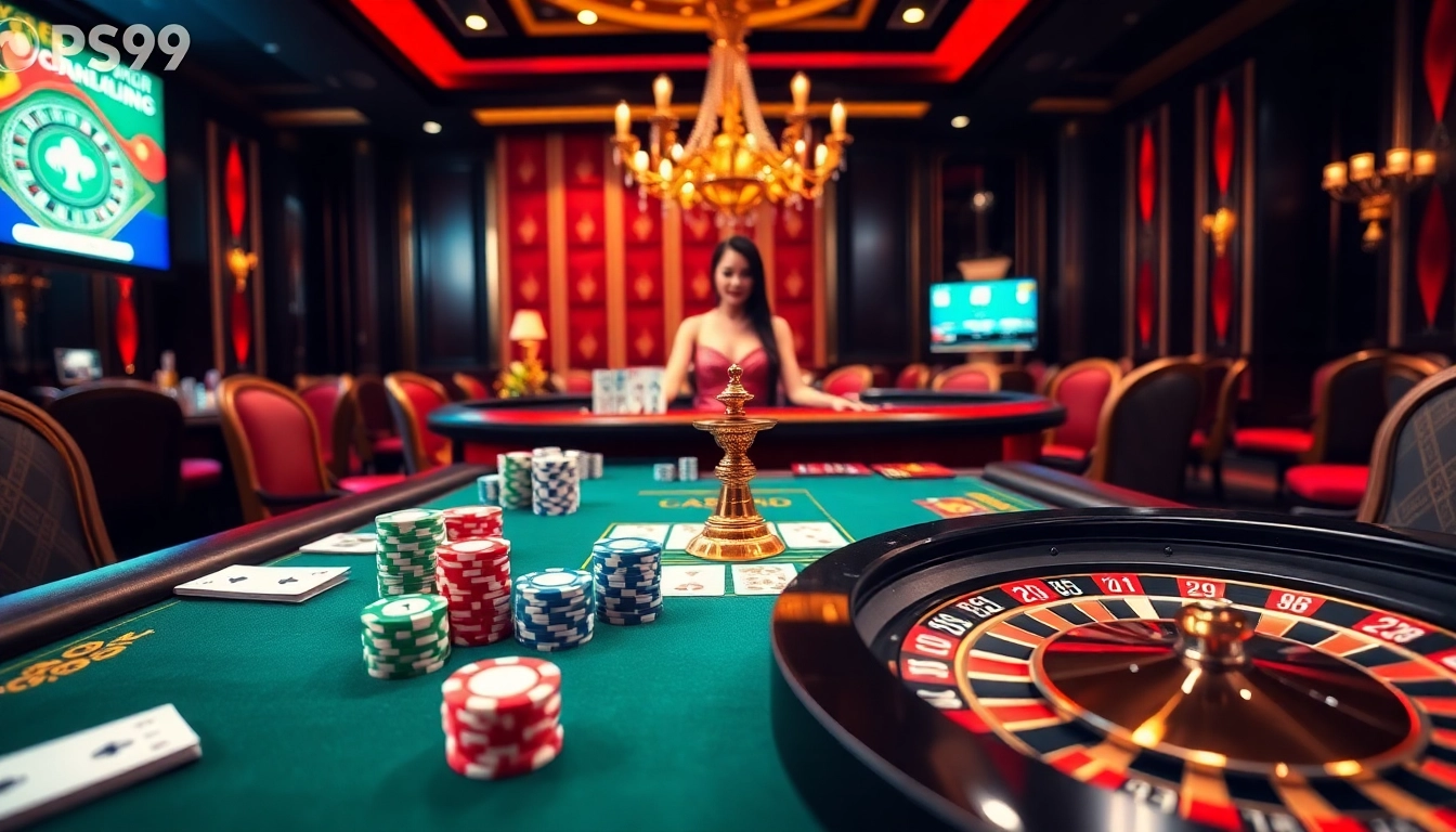 Engaging players at a luxurious casino featuring PS99-themed poker and roulette.