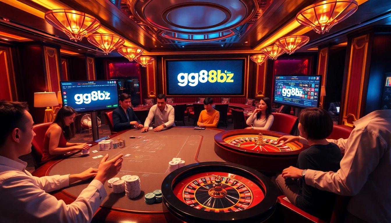 Join the excitement at gg88 biz with an engaging casino scene featuring vibrant card games and roulette.