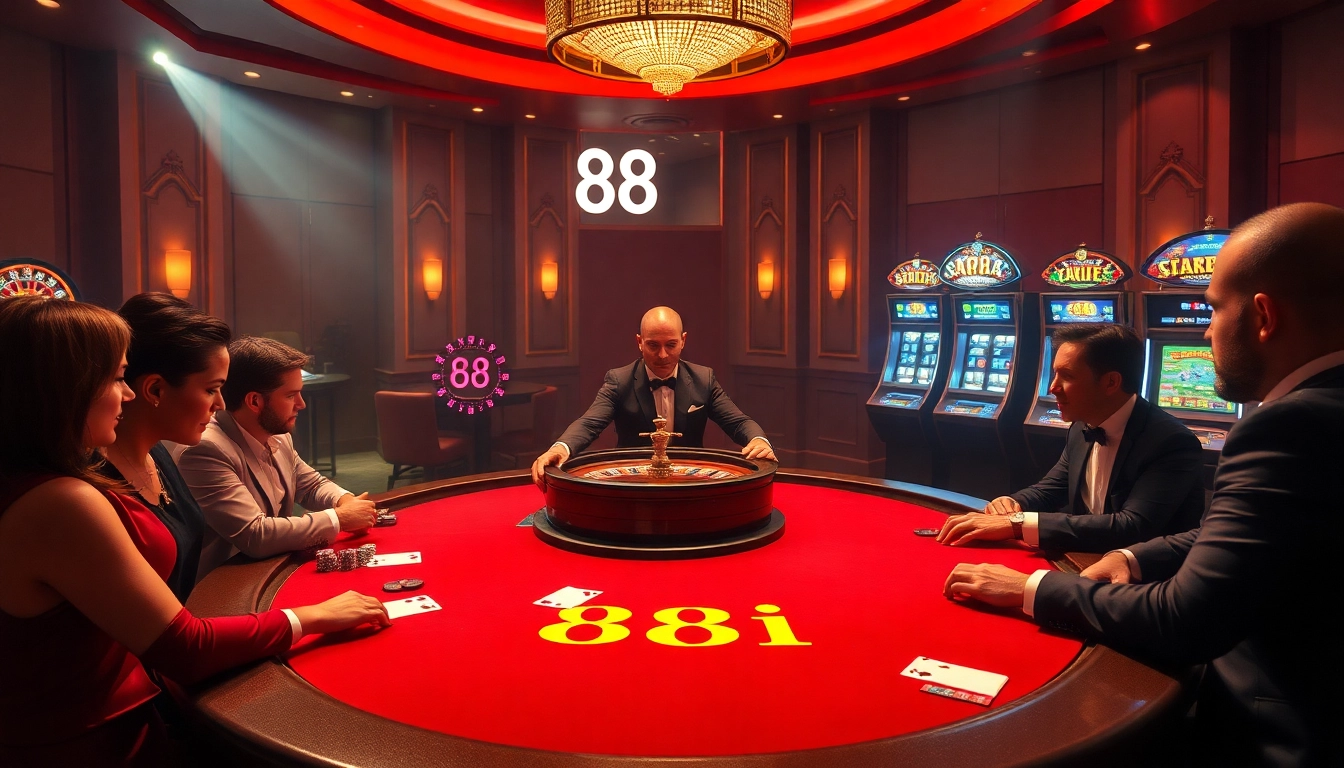 The poker table scene with stylish players and the '88i' casino experience creates an atmosphere of high-stakes excitement.