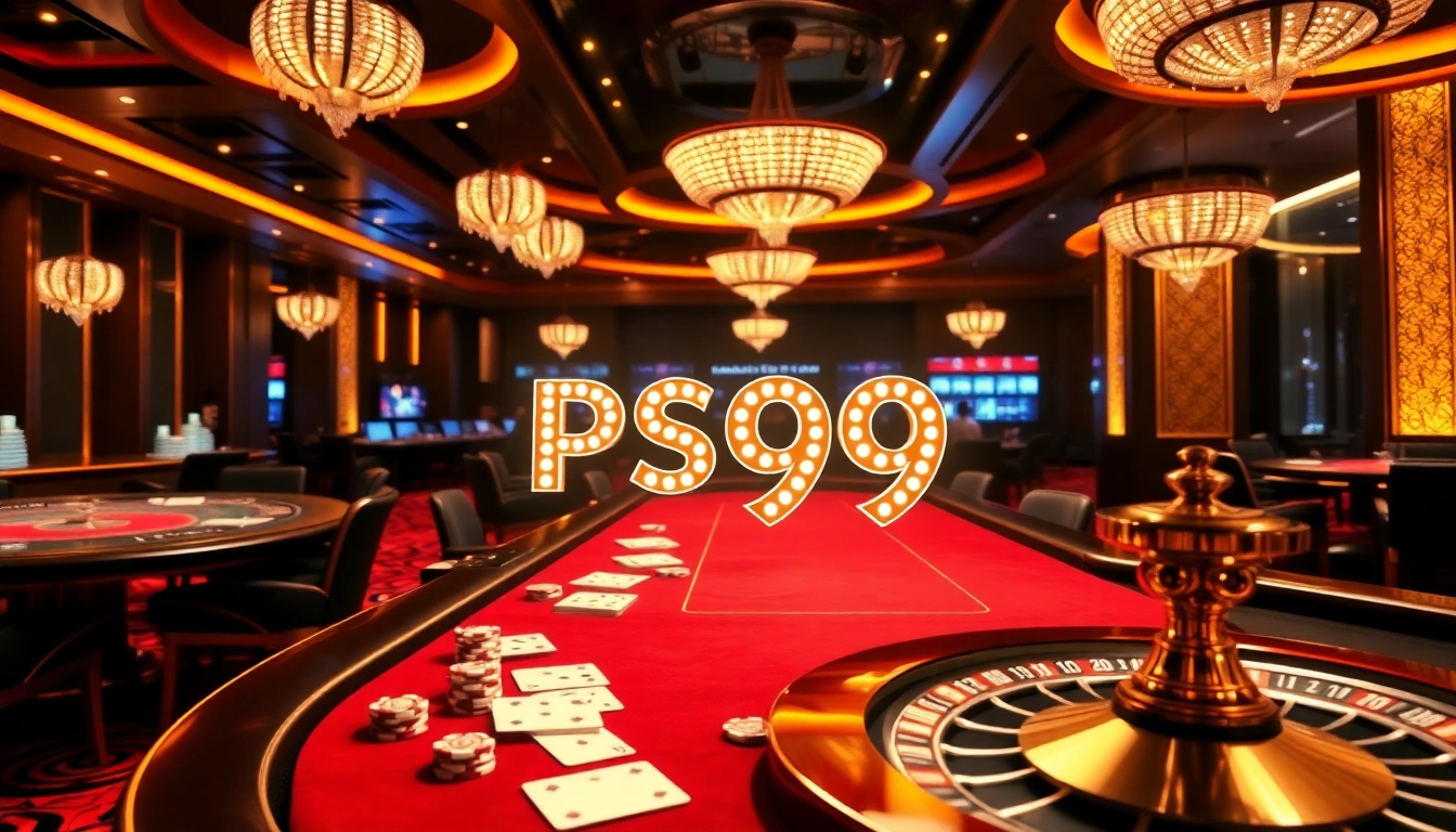 Engage with the excitement of nhà cái PS99 at an elegant casino, featuring games, chips, and a roulette wheel.