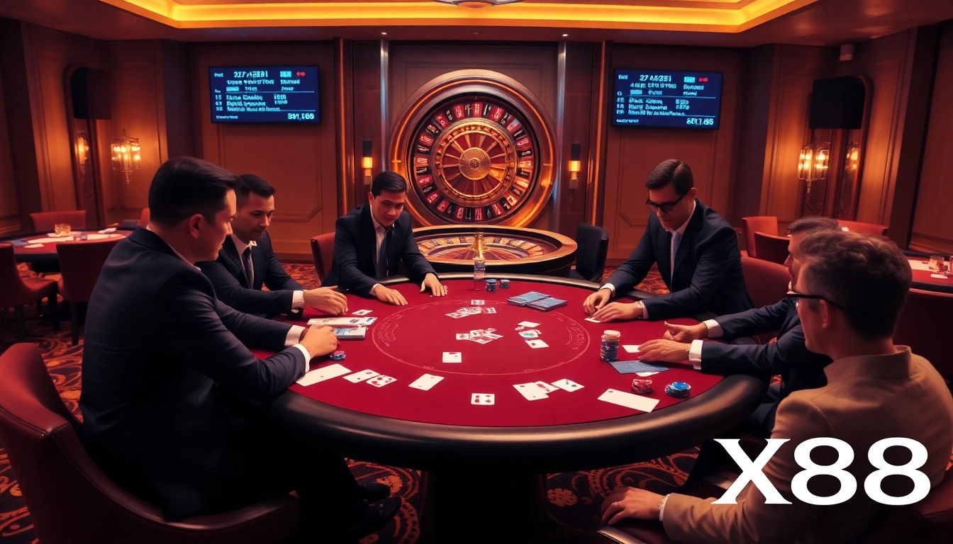 Intense poker action at a luxurious casino table featuring X88 gaming chips and thrilling bets.